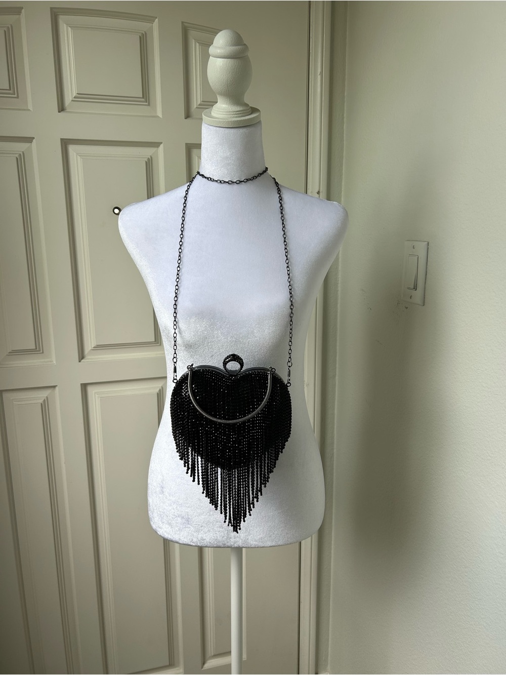 Natasha Couture Black Beaded Heart Fringe Clutch